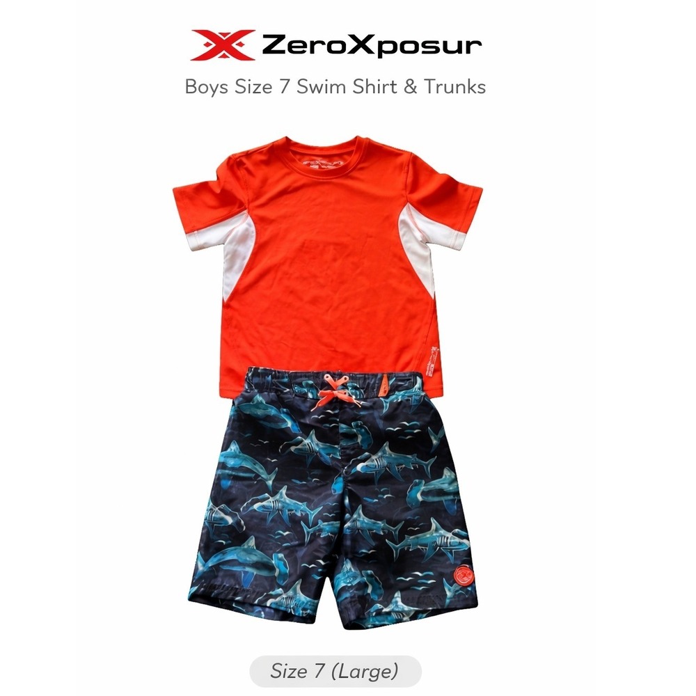 ZeroXposur Boys Size 7 Orange Rash Guard and Shark Print Swim Trunks 2pc‎ Set